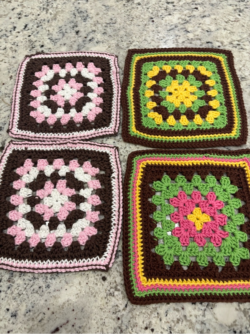 Set of 4 granny core  Handmade Retro Crochet Granny Squares Pink Green Brown